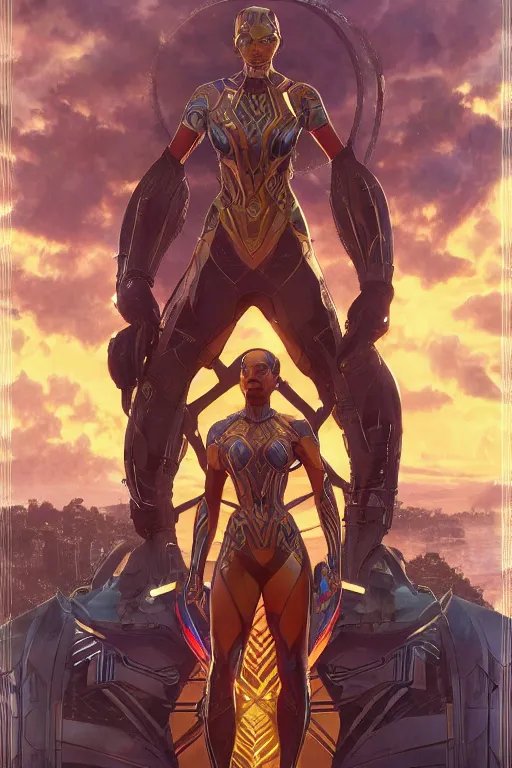 Image similar to wakanda suit queen global illumination ray tracing hdr fanart arstation concept art, matte, art by wlop and artgerm and greg rutkowski and alphonse mucha