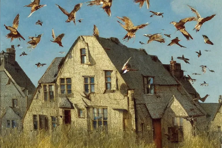 Image similar to a house with birds flying on too of it, insanely detailed, Michael Sowa