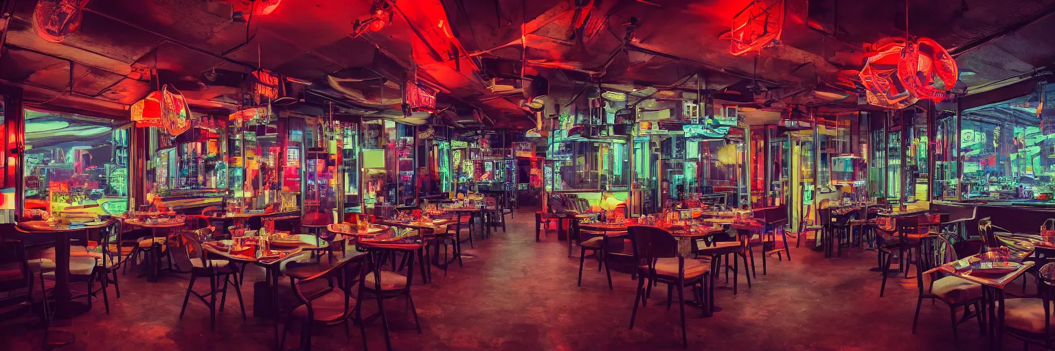 Prompt: wide angle photo of 60‘s retro fancy restaurant interior, neon-decorated urban on night in the city seen through the window,modern interior design, architectural design, vintage, night blade runner, dark, postapocalyptic, clean lines, 4k, octane, colorful ,lunarcore city seen at distance outside, big windows,octane, wide angle