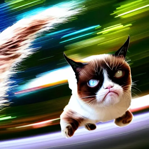 Prompt: photo of hyperspeed flying through outer space, grumpy cat running fast with motion blur
