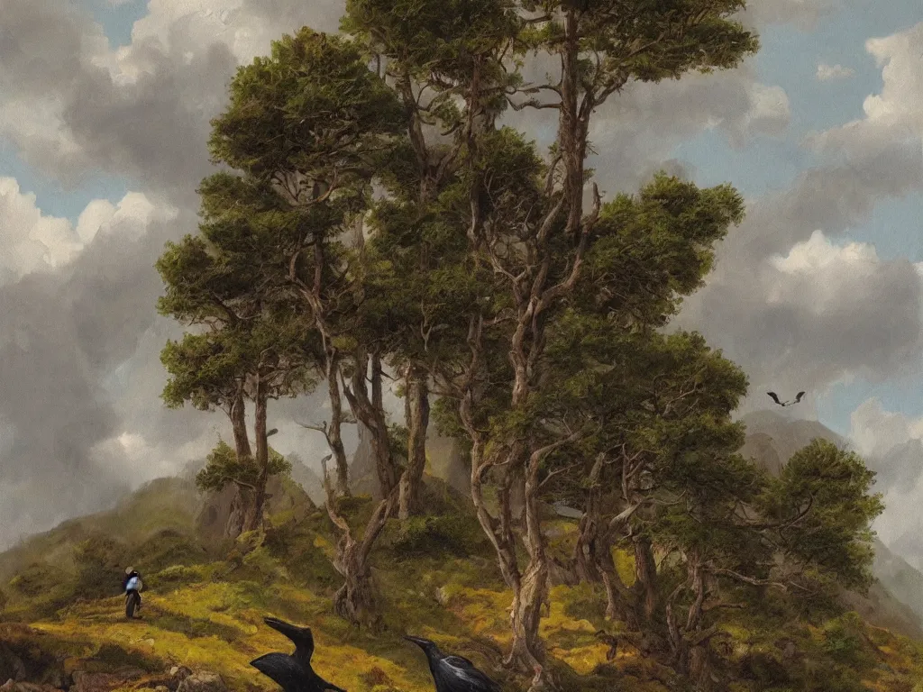 Image similar to a man in a grey cloak and brimmed hat with a staff travelling trough the mountains with trees, very detailed, colorful, oil painting, clouds, old man, alone, ravens