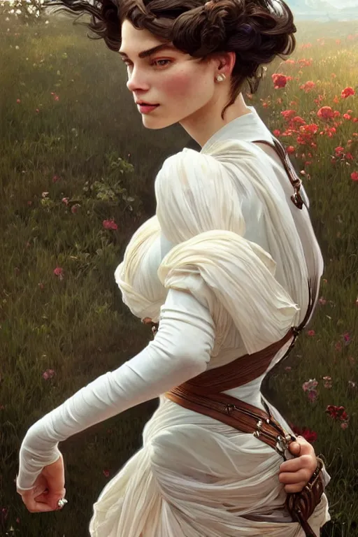 Image similar to clear portrait of a vogue photoshoot, cottagecore!!, background hyper detailed, character concept, full body, dynamic pose, intricate, elegant, highly detailed, digital painting, artstation, concept art, smooth, sharp focus, illustration, art by artgerm and greg rutkowski and alphonse mucha
