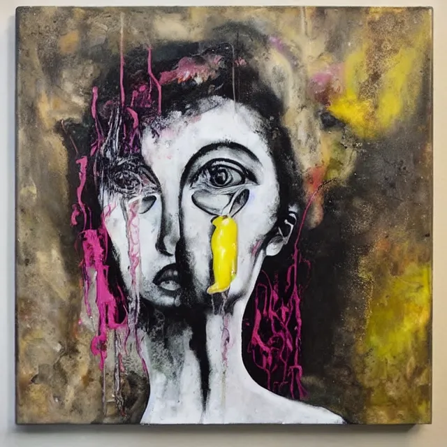 Image similar to “ surrealism, a portrait in a female art student ’ s apartment, mushrooms, sensual, art supplies, a candle dripping white wax, berry juice drips, acrylic and spray paint and oilstick on canvas, neoexpressionism ”