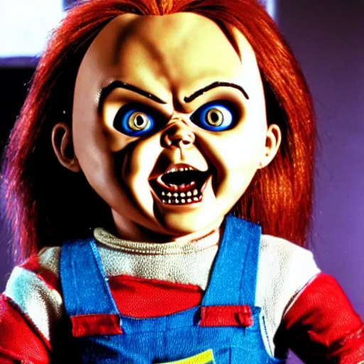 Image similar to Chucky the killer doll from the movie Child's Play being held by Mr. Rogers 8k hdr