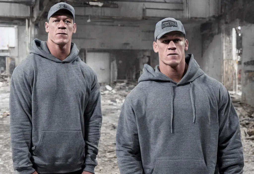 Image similar to john cena with a gray cap and a gray hoodie with the hood on. He's in a rap battle at an abandoned warehouse. A big crowd of people is watching. Lose yourself by eminem music video.