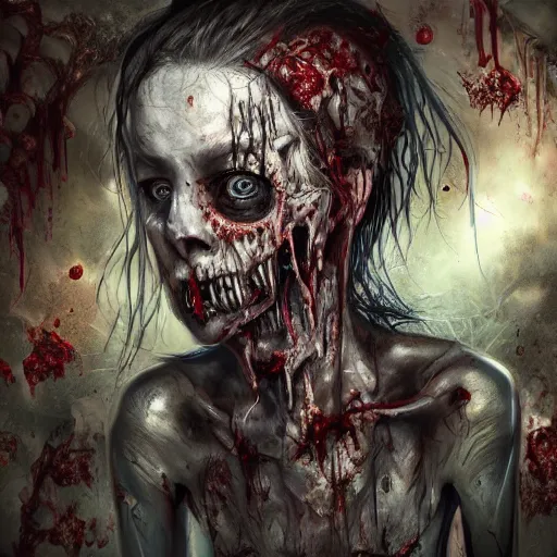 Prompt: horrifying decaying zombie, maximalist, high detail, 8 k, ornate, dark fantasy, realistic, masterpiece, trending on art station, complex, wlop