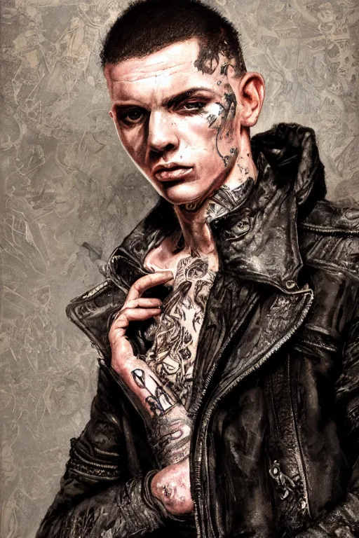 Image similar to an ugly young man, shaved head, punk, tattered leather coat, intricate, elegant, dramatic lighting, highly detailed, lifelike, photorealistic, digital painting, artstation, illustration, concept art, smooth, sharp focus, art by John Collier and Albert Aublet and Krenz Cushart and Artem Demura and Alphonse Mucha