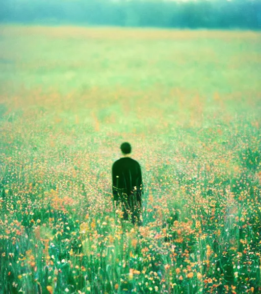 Image similar to mystical death god standing in tall meadow of flowers, distant, film photo, grainy, high detail, high resolution