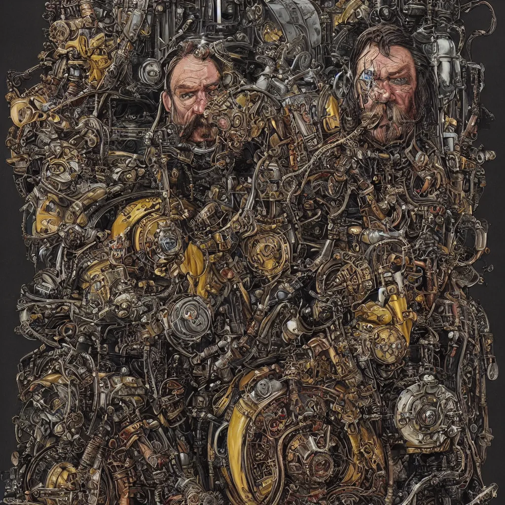 Image similar to A dramatic full-color art nouveau and ironpunk styled bust panorama portrait of lemmy kilmister as an dieselpunk engine tank king of the universe, hyperdetailed mixed media artwork combining the styles of Travis Charest, Michael Kaluta and Bill Sienkiewicz, vast power, perfectly symmetrical facial features, 8k, deeply hyperdetailed, cinematic lighting, realistic mechanical details, 8k, UHD, HDR