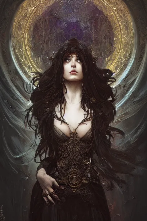 Image similar to a photograpic portrait of a pretty dark sorceress, fantasy, ominous, intricate, elegant, highly detailed, digital painting, artstation, concept art, smooth, sharp focus, illustration, art by artgerm and greg rutkowski and alphonse mucha