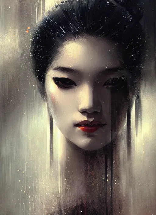 Image similar to female geisha girl, beautiful face, bladerunner, rule of thirds, intricate outfit, spotlight, by greg rutkowski, by jeremy mann, digital painting