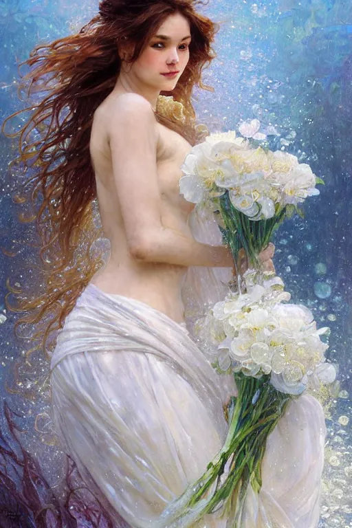 Image similar to portrait of a beautiful woman wearing a white dress, holding a bouquet of flowing flowers, drenched body, wet dripping hair, emerging from the water, fantasy, regal, fractal crystal, fractal gems, by stanley artgerm lau, thomas kindkade, alphonse mucha, loish, norman rockwell