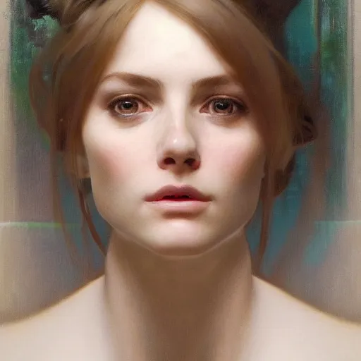 Image similar to hyperrealist portrait of a pretty young female robot with large sad eyes standing in front of a computer simulation by jeremy mann and alphonse mucha, fantasy art, photo realistic, dynamic lighting, artstation, poster, volumetric lighting, very detailed faces, award winning, full face, symmetry