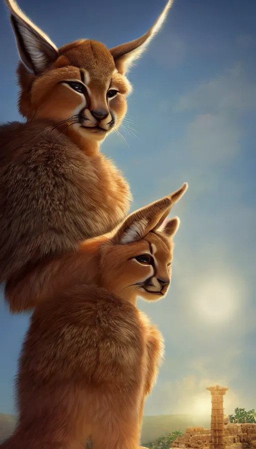 Image similar to fullbody photo of humanoid cute fluffy caracal dressed as alexander the great, sun behind him, ancient greek city, sunny day, by ilya kuvshinov, rtx rendering, octane render 1 2 8 k, maya, extreme high intricate details by tom bagshaw, medium shot, close up shot, composition by sana takeda, lighting by greg rutkowski