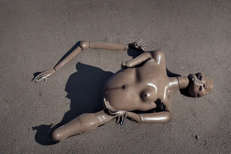 Image similar to vfx movie scene dilapidated mannequin in war torn street, natural lighting closeup by emmanuel lubezki