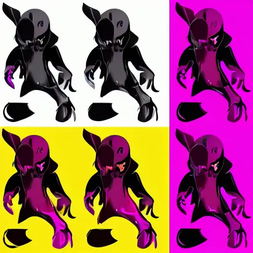 Image similar to character design sheets for a new sinister vampire squid character, artwork in the style of splatoon from nintendo, art by tim schafer from double fine studios, black light, neon, spray paint, punk outfit, tall thin frame, adult character, fully clothed, vampire, spray paint, colorful, jaw breaker color, neon pink, flecks of paint, pop art