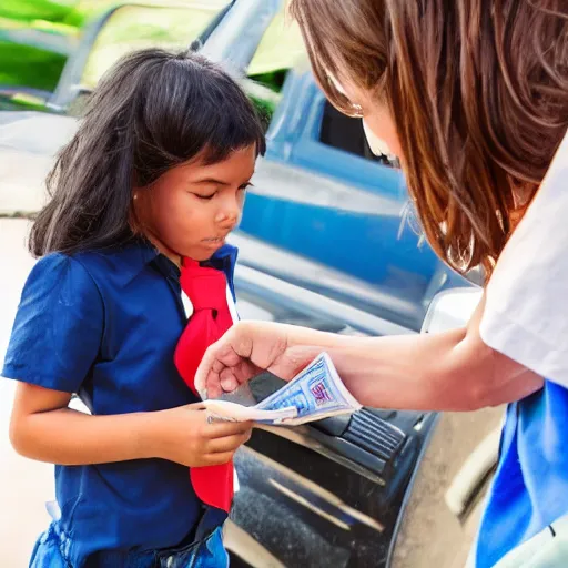 Image similar to a child exchanging a ticket for a coin from an adult, photorealistic