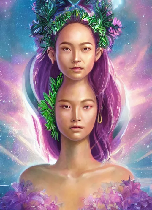 Image similar to portrait of Celestial Hawaiian Goddess of the Multiverse as a futuristic princess, inside future fighter, pink blush, rule of thirds, face anatomy, sci-fi, fantasy, intricate, lush garden spaceship, elegant, human anatomy, royal green and nature light, highly detailed, digital painting, artstation, concept art, smooth, sharp focus, illustration, art by tian zi and WLOP and alphonse mucha