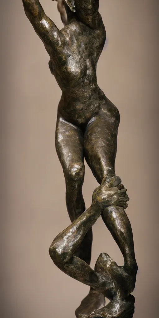 Prompt: photorealism full shot body portrait of old bronze patina statue of woman, bending poses, bokeh, detail, museum