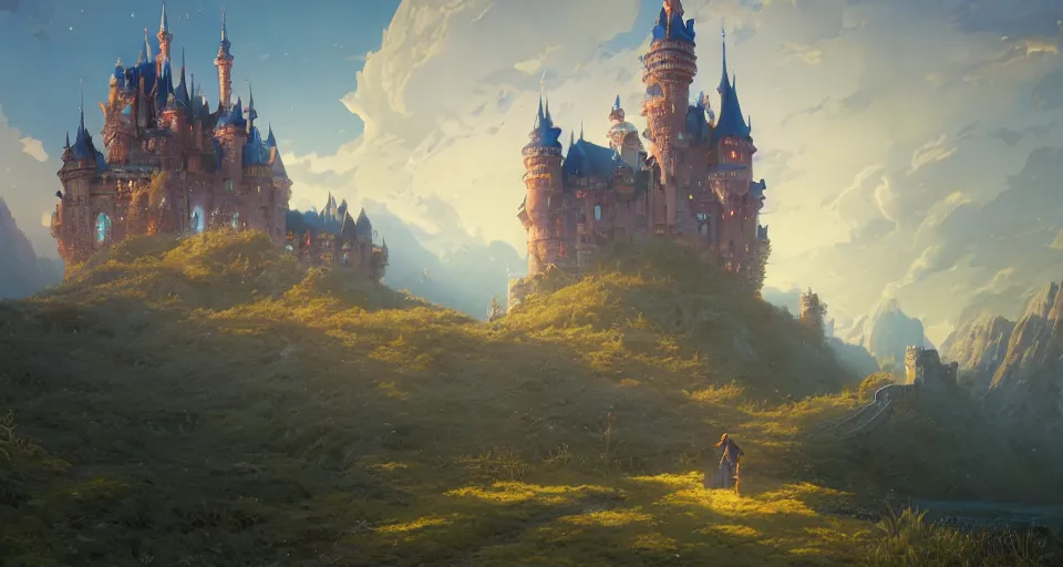 Image similar to highly detailed fairytale castle, stephen bliss, unreal engine, greg rutkowski, loish, rhads, beeple, makoto shinkai and lois van baarle, ilya kuvshinov, rossdraws, tom bagshaw, tom whalen, alphonse mucha, global illumination, god rays, detailed and intricate environment