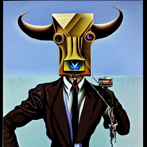 Image similar to A portrait of a humanoid cyberpunk cow wearing a suit, eerie, by Salvador Dali