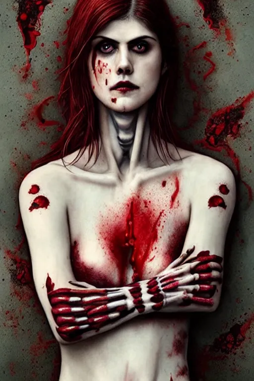 Image similar to woman covered with blood, covered with skeleton tattoo, alexandra daddario face!!!, masterpiece portrait, long red hair, beautiful blue eyes, ultra realistic, concept art, intricate details, highly detailed, photorealistic, octane render, 8 k, unreal engine. retro film still, heavy grain, 3 5 mm, art by artgerm and greg rutkowski and alphonse mucha