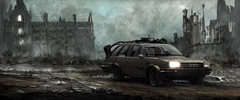 Image similar to Armored and Armed Military Audi 80 B3 Avant (1988) with a mounted M249, Dark Souls 3, Eldritch Horrors, Wretched and Corrupted Knights, a grim fantasy, Anor Londo, dramatic lighting, cinematic, establishing shot, extremely high detail, photorealistic, cinematic lighting, artstation, by simon stalenhag