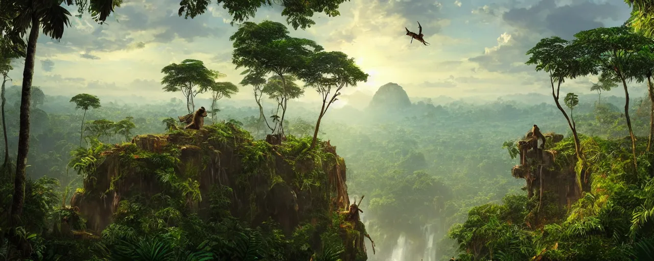 Prompt: an monkey sits in the amazon jungle, beautiful dynamic lighting, cinematic, wide angle establishing shot, extremely high detail, photo realistic, cinematic lighting, post processed, concept art, artstation, matte painting, style by frederic church, raphael lacoste, unreal engine 8 k