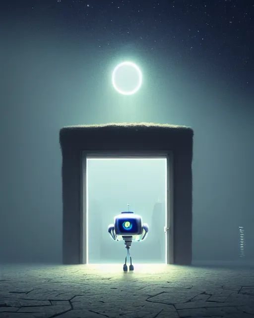 Image similar to gediminas pranckevicius, a robot standing in front of a glowy open door that's on a barren moon, poster art by mike winkelmann, trending on cg society, space art, sci - fi, ue 5, futuristic, volumetric lighting, light casting onto the ground, neat composition and camera angle