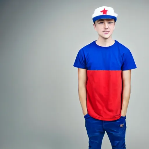 Image similar to a portrait of an american teenage boy with blue colored hair, wearing a red backwards cap, white t - shirt with a red no symbol on it, blue long pants and red shoes, holding a microphone, studio lighting, photoshoot, grey backdrop