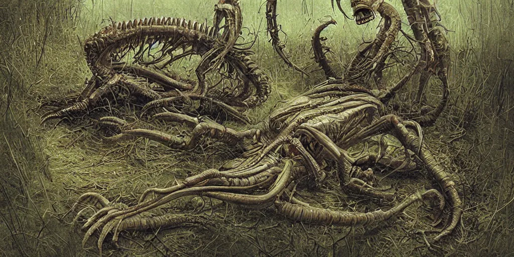 Image similar to extremely disturbing alien creature crawling through a swamp, created by Scott Listfield