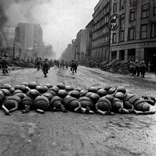 Image similar to Minions barricade themselves on Berlin preparing for the defense of the city against the soviets, Berlin's last stand, second world war, 1945, award winning, historical footage