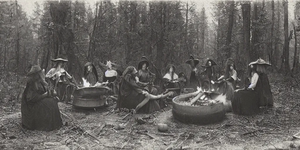 Prompt: witches around a campfire with a huge cooking pot in an ominous forest, 1 9 0 0 s photography