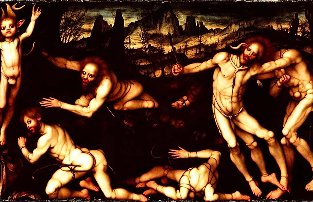 Prompt: a jocund baby faun altarpiece ambiguous transition from night into day focal point intact flawless ambrotype from 4 k criterion collection remastered cinematography gory horror film, ominous lighting, evil theme wow photo realistic postprocessing by hans holbein the younger by jan urschel