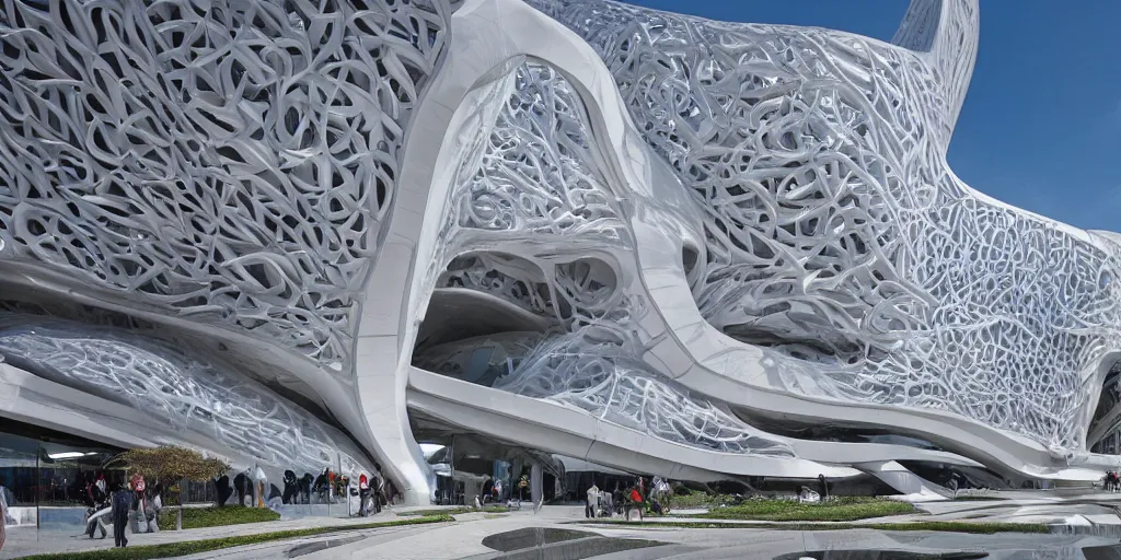 Image similar to extremely detailed ornate stunning beautiful elegant futuristic museum exterior by Zaha Hadid