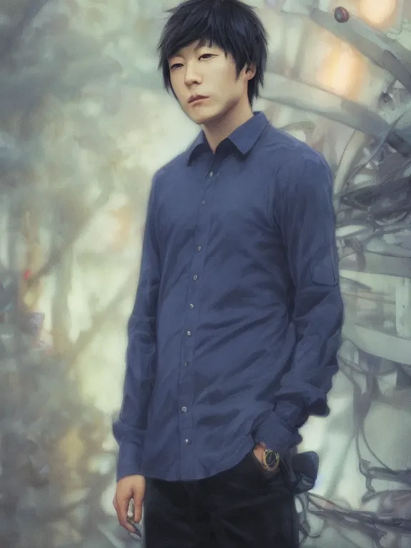 Image similar to photo of takahashi ryosuke wearing dark blue shirt, hyper detailed, digital art, trending in artstation, cinematic lighting, studio quality, smooth render, unreal engine 5 rendered, octane rendered, concept art, smooth, sharp focus, illustration, art by artgerm and greg rutkowski and alphonse mucha and wlop and krenz cushart