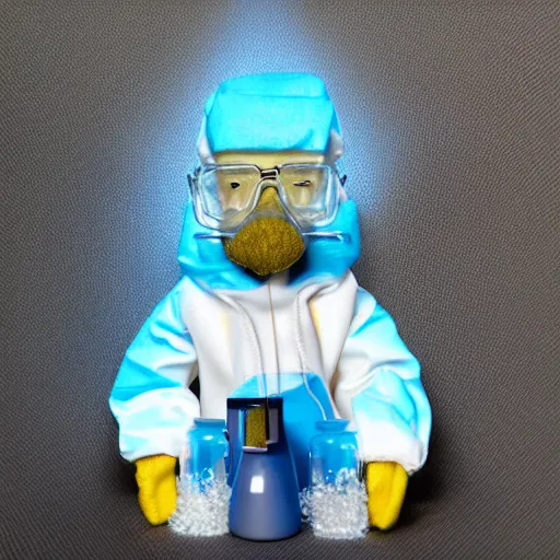 Prompt: Walter White as a stuffed animal in a hazmat suit with an Erlenmeyer flask and blue crystals, photorealistic