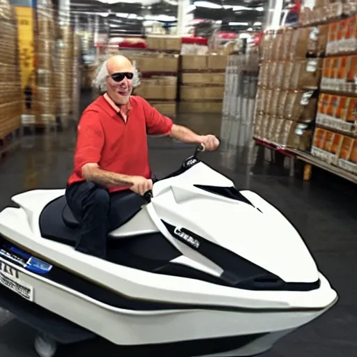 Image similar to Larry David riding a jetski in costco