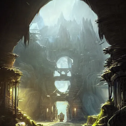 Image similar to beautiful digital painting of front gate of dwarf city of Erebor from Hobbit trending on Artstation, by Daniel Dociu and Greg Rutkowski, high quality, ultra detailed, ultra realistic, concept art, landscape, architecture, Hobbit, Erebor entrance