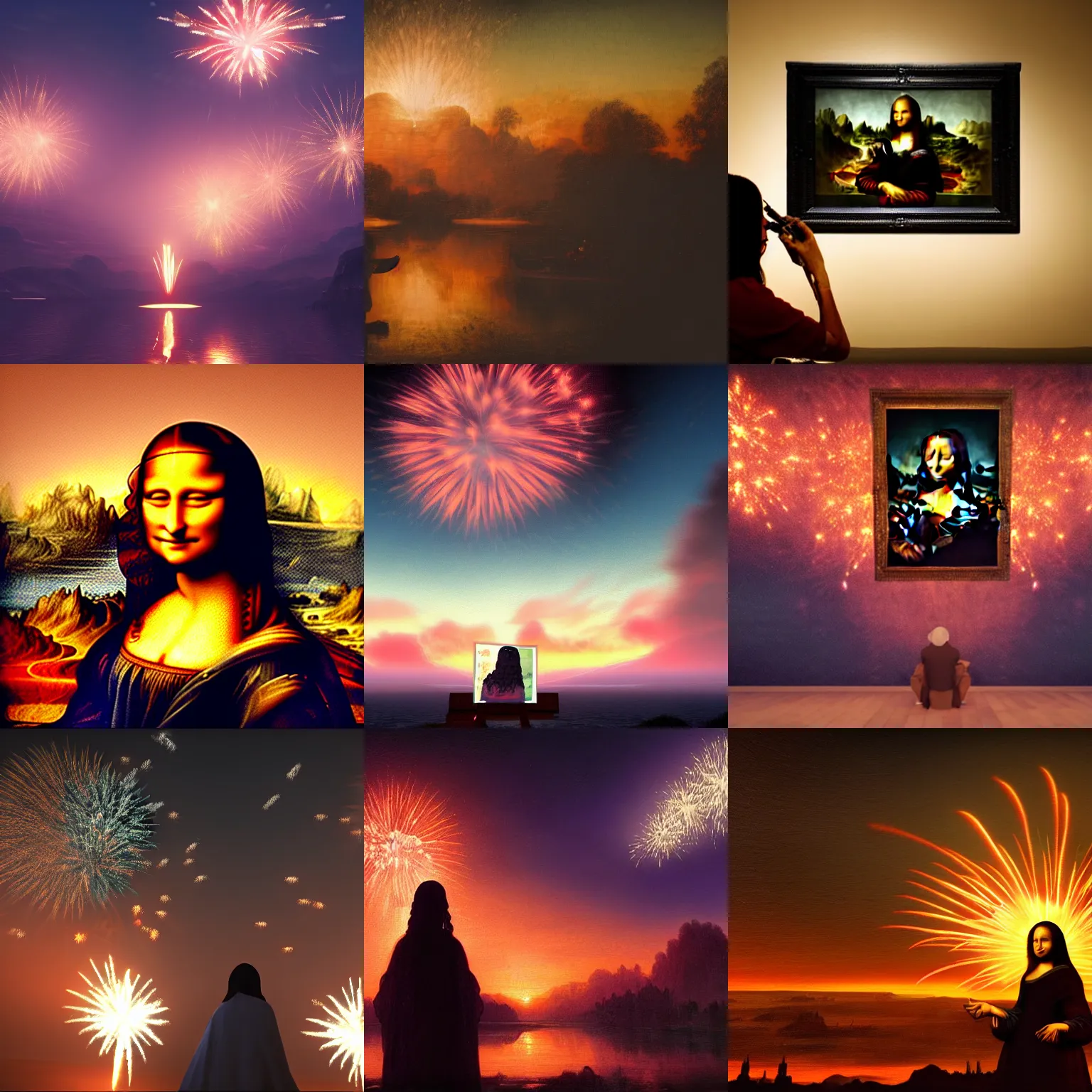 Prompt: Mona Lisa finish painting a stunning sunset with huge fireworks, atmospheric, surreal, stunning atmosphere, unreal engine, highly detailed