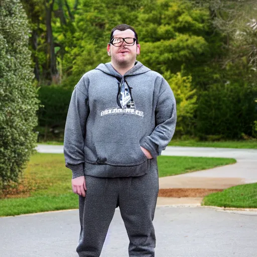 Prompt: Rocco Botte wearing gray sweatshirt and gray sweatpants and white sneakers on a suburban residential street