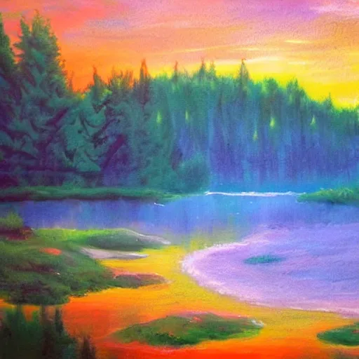 Image similar to lakeside, dreamlike, bright colors, fantasy,