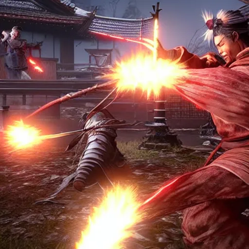 Prompt: Sekiro fighting Raiden in melee combat