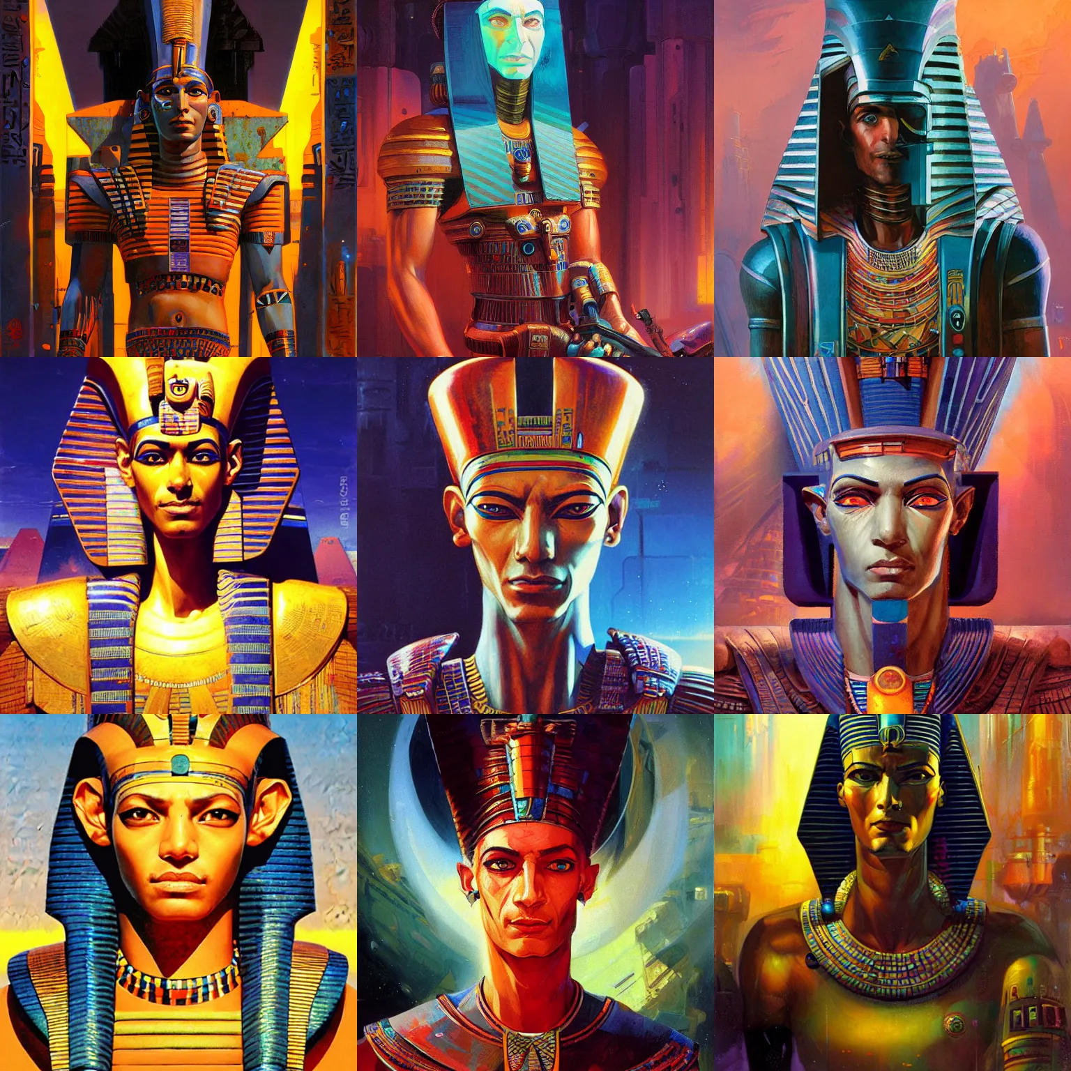 Prompt: a cyberpunk half length portrait of an egyptian pharaoh, by paul lehr, jesper ejsing,