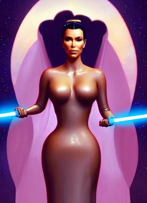 Image similar to A film still of kim kardashian as princess leigha in star wars, highly detailed, digital painting, artstation, concept art, sharp focus, illustration, cinematic lighting, art by artgerm and greg rutkowski and alphonse mucha diffuse lighting, fantasy, intricate, elegant, highly detailed, lifelike, photorealistic, digital painting, artstation, illustration, concept art, smooth, sharp focus, art by John Collier and Albert Aublet and Krenz Cushart and Artem Demura and Alphonse Mucha