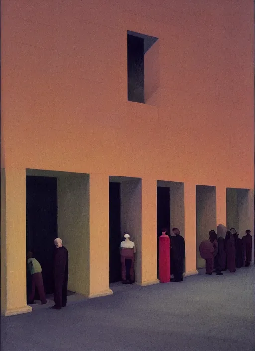 Image similar to crowd in line at art deco hospital painting by Edward Hopper and James Gilleard, Zdzislaw Beksinski highly detailed