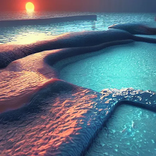 Image similar to “poop floating in the deep ocean, unreal engine 4 render, digital art, trending on artstation, beautiful sunset, dynamic lighting,”