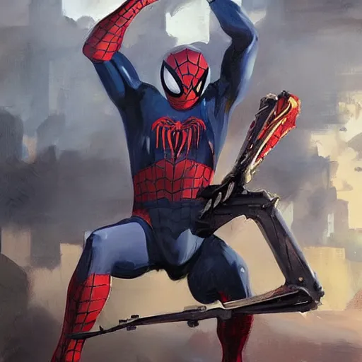 Image similar to greg manchess portrait painting of partially armored spiderman with exo - skeleton as overwatch character, medium shot, asymmetrical, profile picture, organic painting, sunny day, matte painting, bold shapes, hard edges, street art, trending on artstation, by huang guangjian, gil elvgren, ruan jia, greg rutkowski, gaston bussiere
