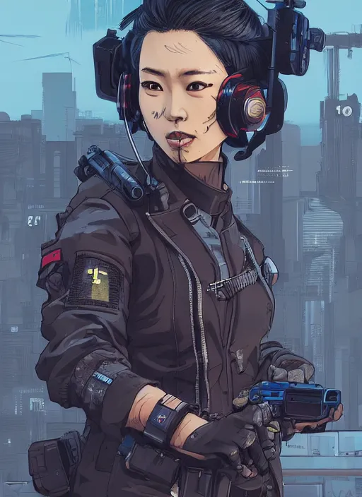 Image similar to Dangerous Mio. beautiful female Japanese cyberpunk mercenary wearing a cyberpunk tactical headset and military vest. Attractive face. Realistic Proportions. Concept art by James Gurney and Laurie Greasley. Moody Industrial skyline. ArtstationHQ. Creative character design for cyberpunk 2077.