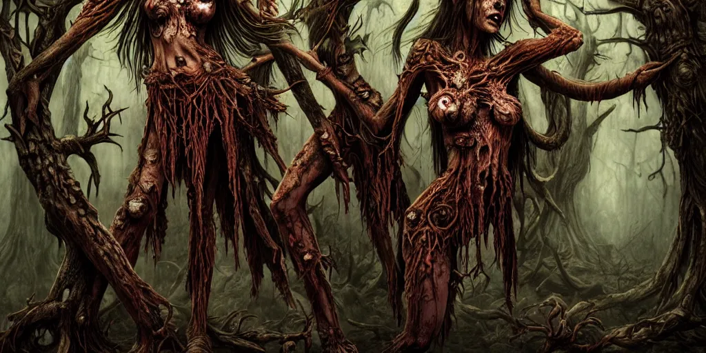 Prompt: dryads, bark skin, detailed fantasy art, contrast terror blood horror, forest of the dead, foul spirits, wallpaper